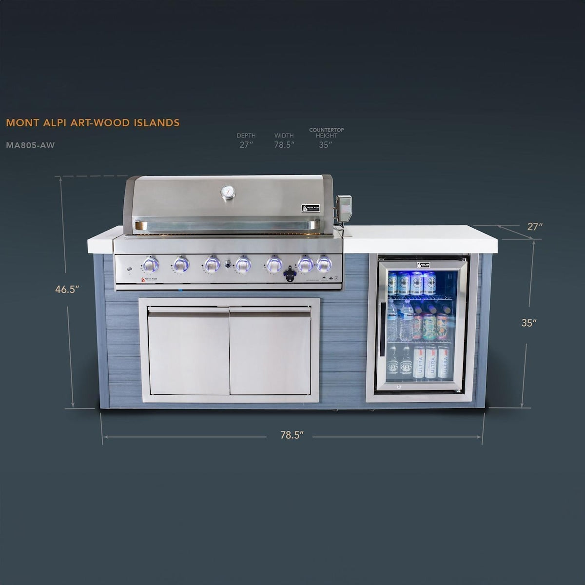 Mont Alpi Artwood Series 6.5 Ft Propane Outdoor Kitchen Island w/ 6-Burner Grill - MA805-AW