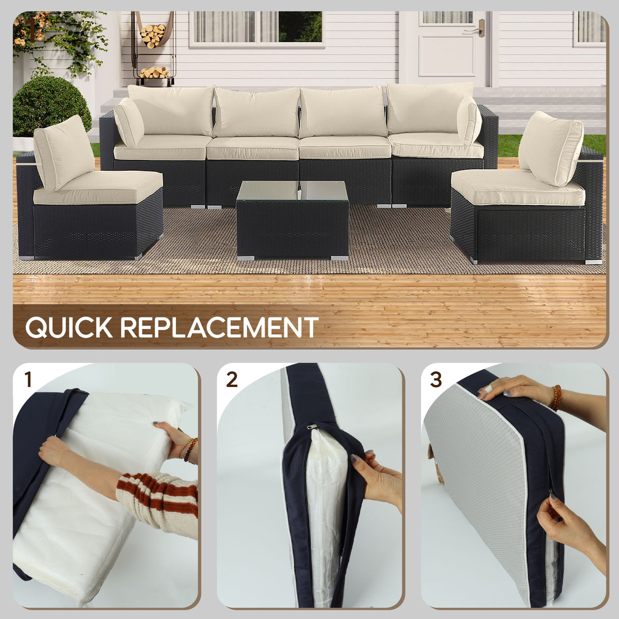 Cushion Covers For 7 Piece Wicker Sectional Sofa, 14 Pack Seat And Back Slipcovers With Zipper