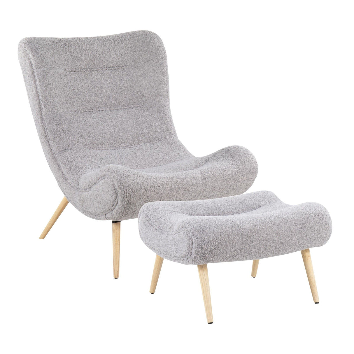 Cloud - Contemporary Chair With Ottoman - Natural Wood And Gray Sherpa Fabric