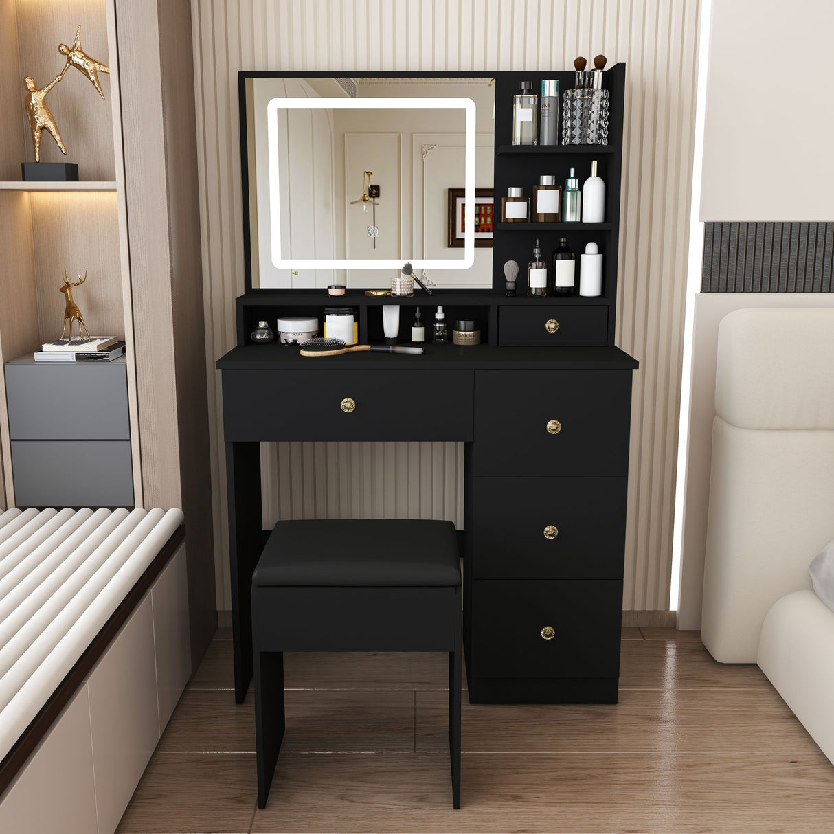 Vanity Desk With Mirror, 3 Color Lighting And Stool