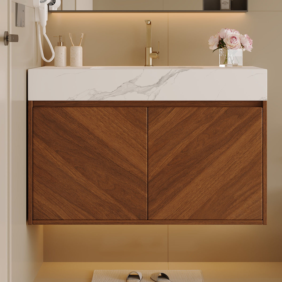Wall Mounted Bathroom Vanity With Sink, Soft Close - Walnut / White