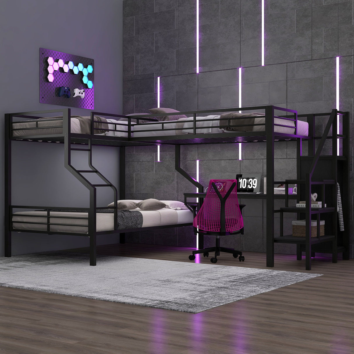 Twin Over Full L Shaped Bunk & Loft Bed With Built-In Wardrobe, Desk, And USB Ports - Black