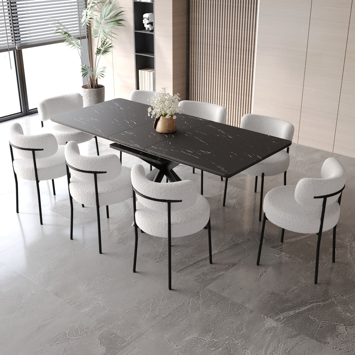 Extendable Dining Table Set With Curved Backrest Upholstered Chairs