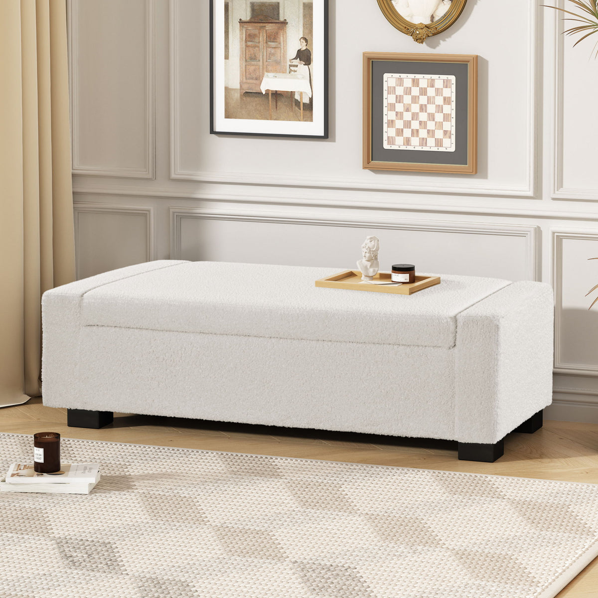 Textured Boucle Ottoman Bench With Hinged Lid For Seating And Storage - Beige
