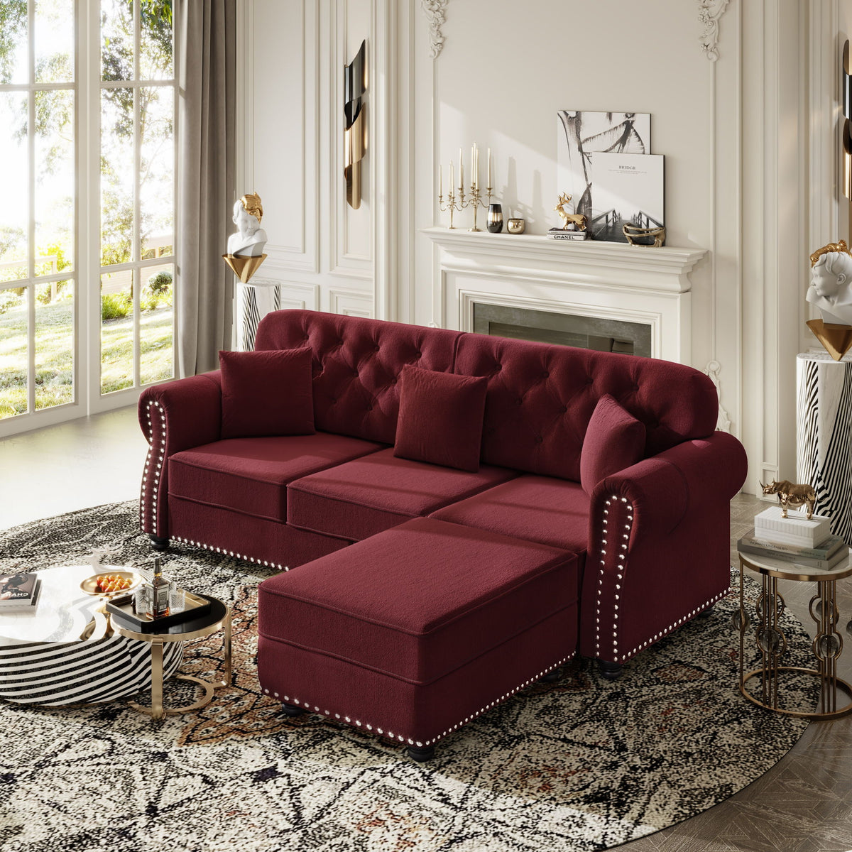 Upholstered 3 Seater Sofa Set With Ottoman