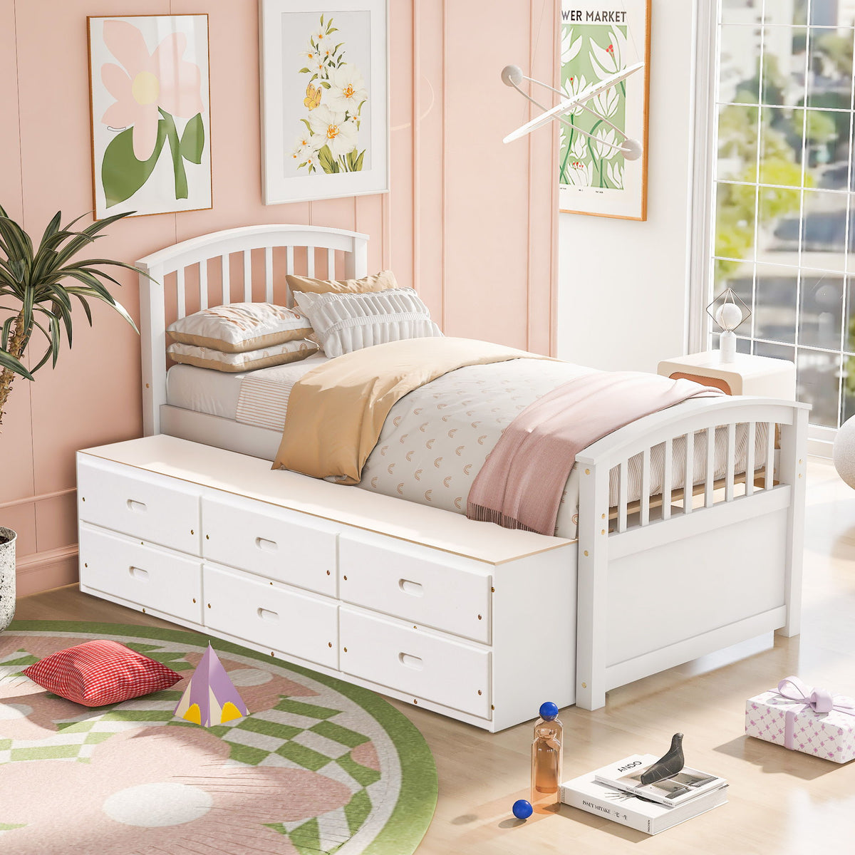 Twin Size Platform Storage Bed Solid Wood Bed With 6 Drawers - White