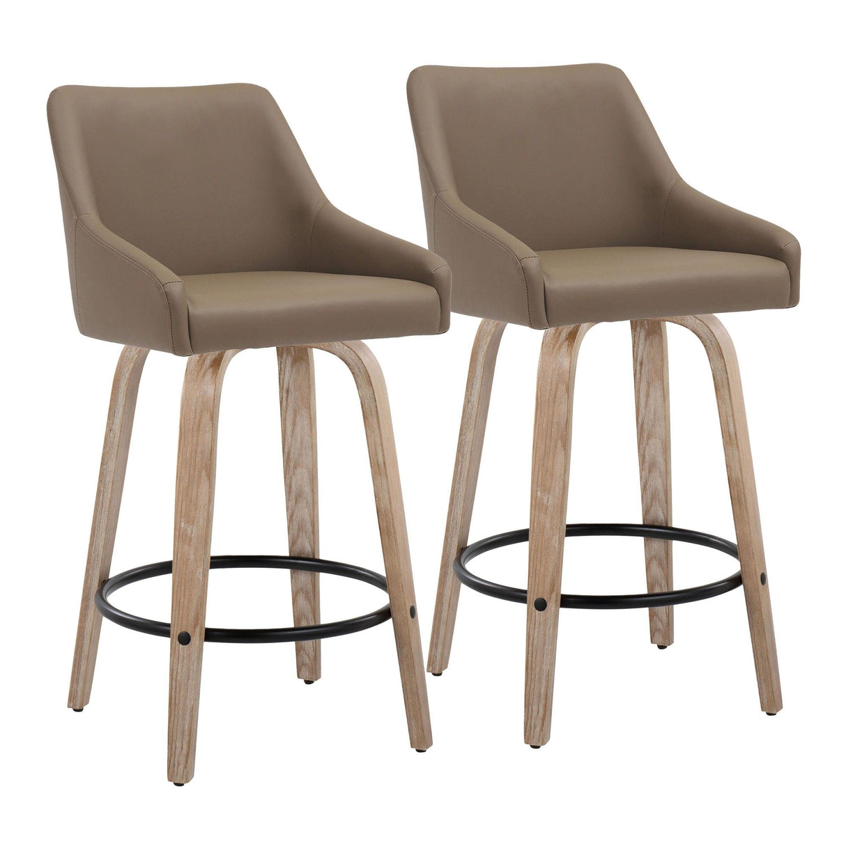 Hannah - Fixed-Height Counter Stool With Swivel And Round Black Metal Footrest (Set of 2) - Whitewashed Wood