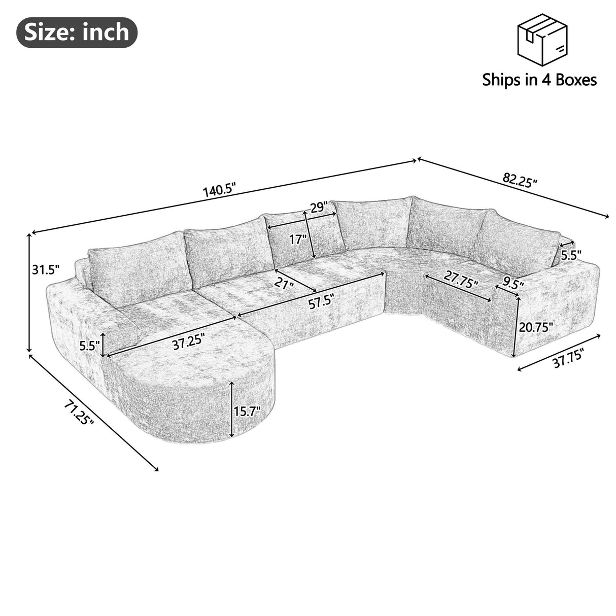Modular Cloud Sectional Sofa Set, U-Shaped Upholstered Couch With Deep Seat - Beige