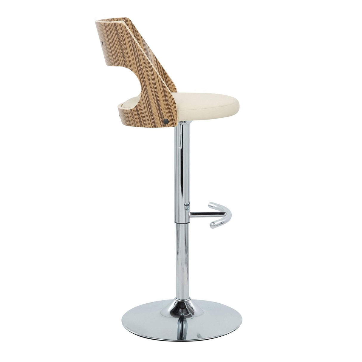 Cecina - Adjustable Barstool With Swivel And Rounded T Footrest (Set of 2) - Chrome Metal, Zebra Wood, And Cream Faux Leather