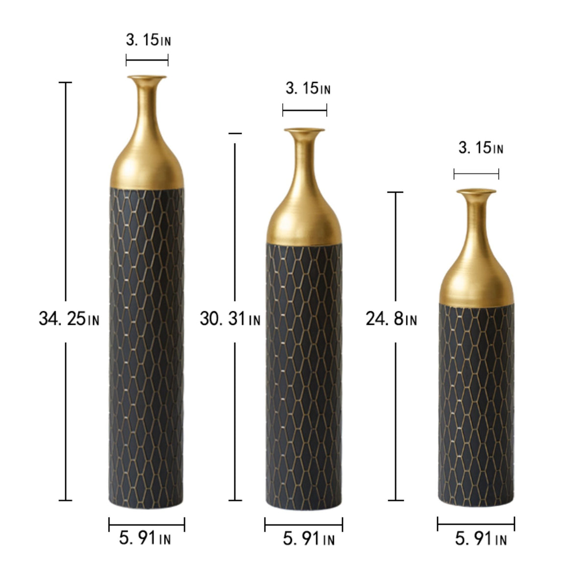 Elegant Floor Vase Set Metal Decorative Vases 3 Piece Set For Floral Display, Wedding & Gift Decor - Gold / Black