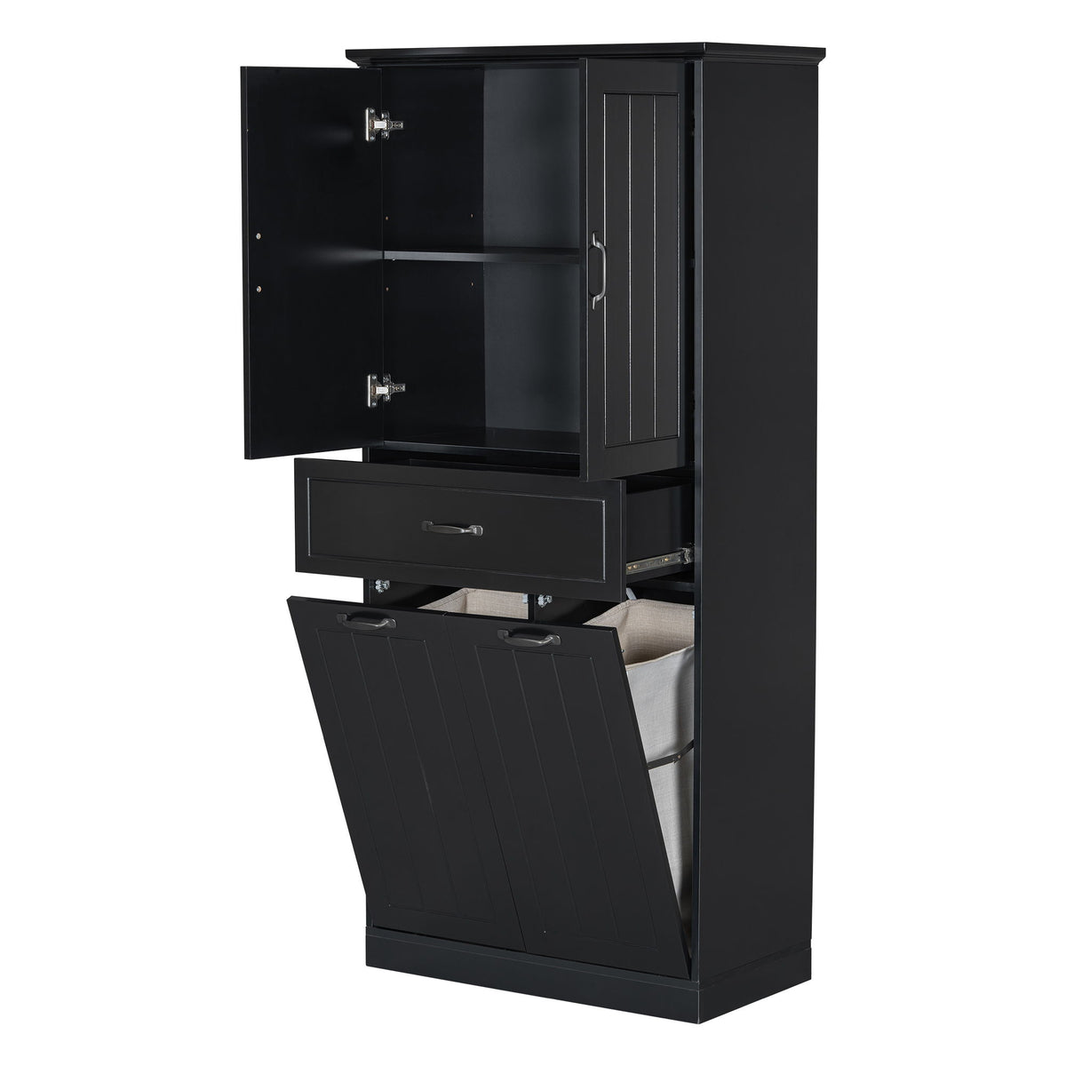 Modern Bathroom Storage Cabinet With Two Laundry Baskets, One Drawer, Adjustable Shelf