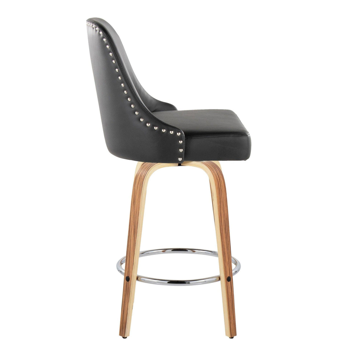 Marcel - 26" Fixed-Height Counter Stool With Swivel And Round Chrome Metal Footrest (Set of 2) - Zebra Wood And Black Faux Leather With Chrome Nailhead Trim