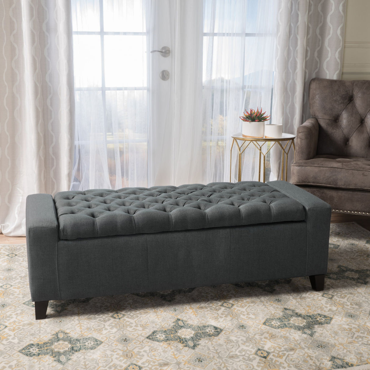Contemporary Storage Ottoman With Tufted Top - Dark Gray