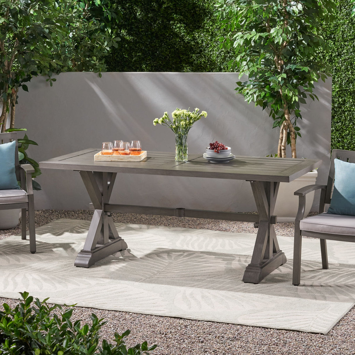 Modern Outdoor Dining Table With X Shaped Legs, Umbrella Hole