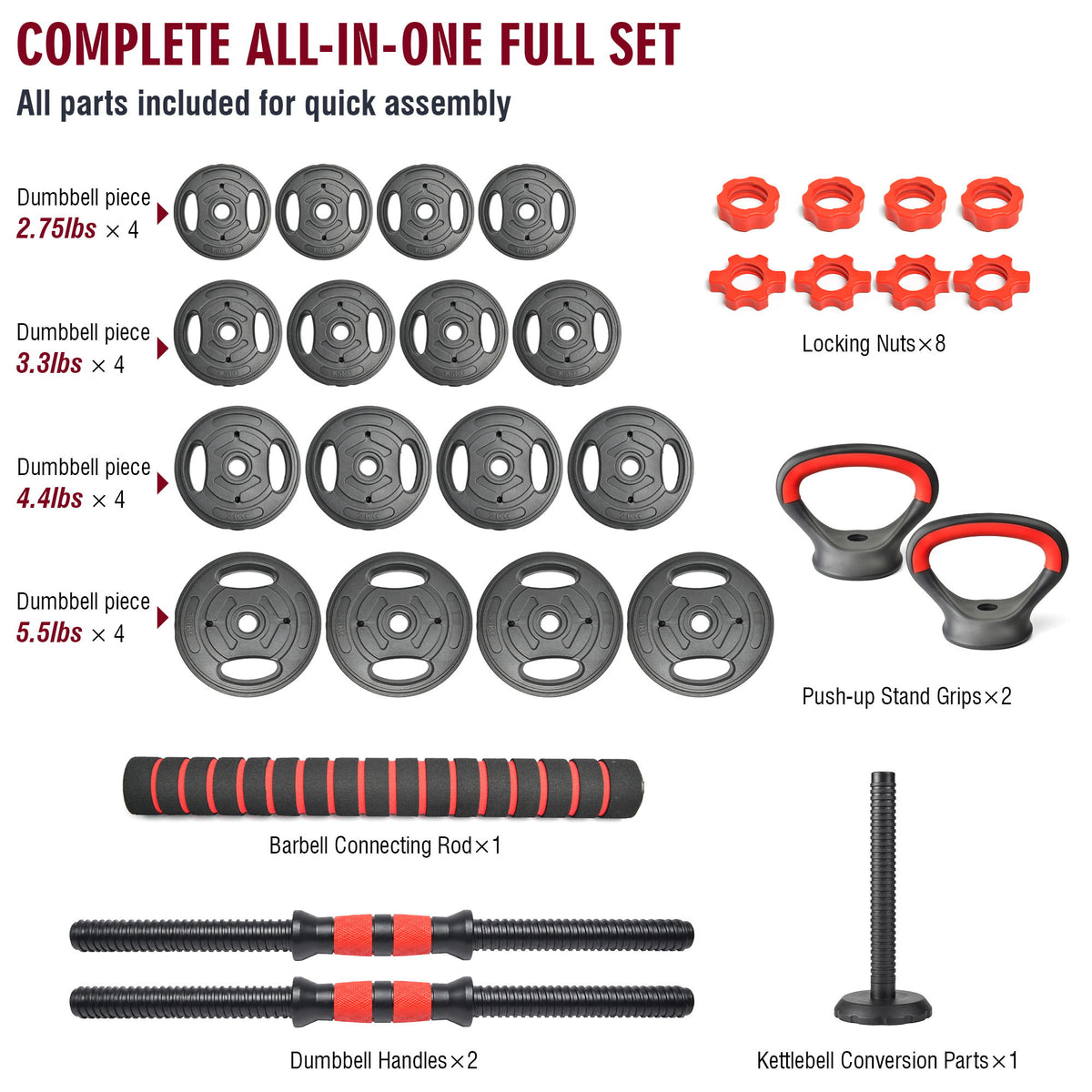 Adjustable Dumbbell Set, 4 In 1 Convertible Weights