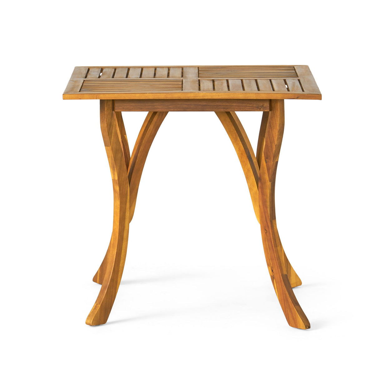 Outdoor Rectangular Table With Curved Legs And Perpendicular Wooden Slats Table Top