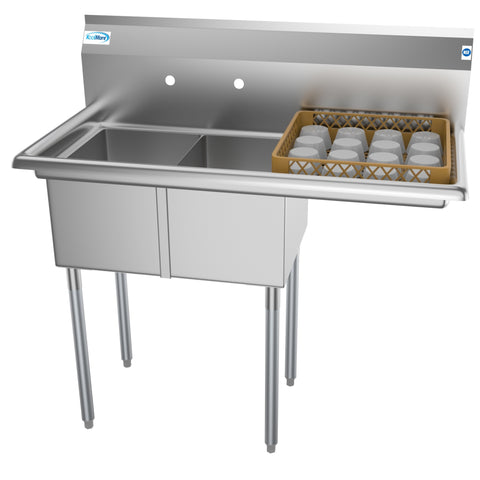 43 in. Two Compartment Stainless Steel Commercial Sink with Drainboard, Bowl Size 12"x 16"x 10" SB121610-16R3