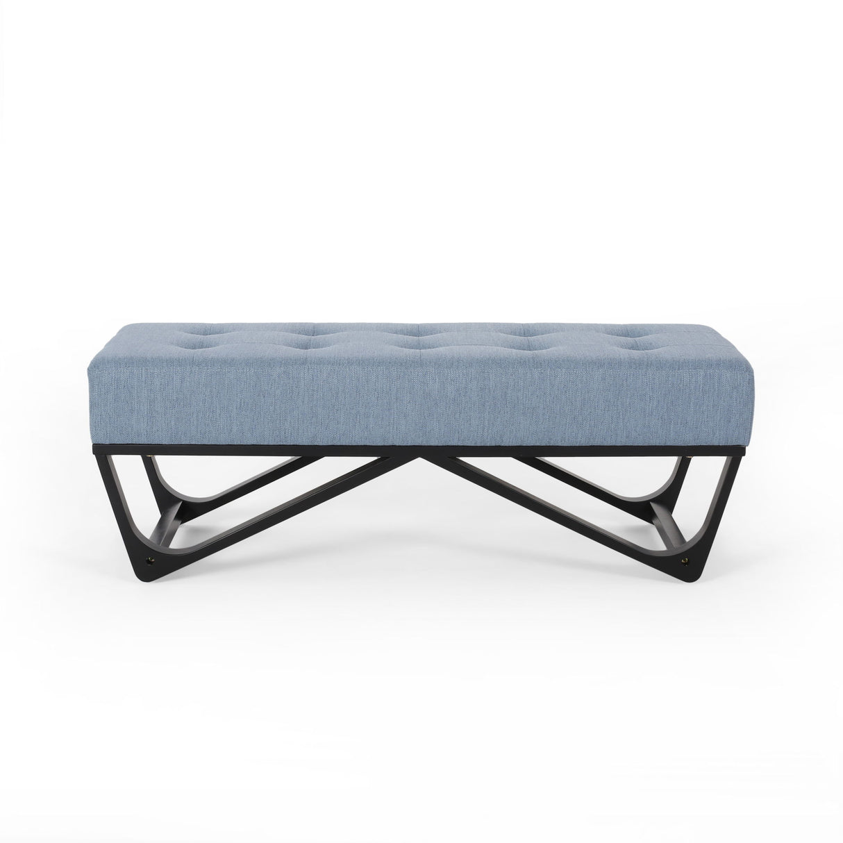 Upholstered Ottoman With Button Tufted Waffle Stitch And Black Geometric Legs - Light Blue