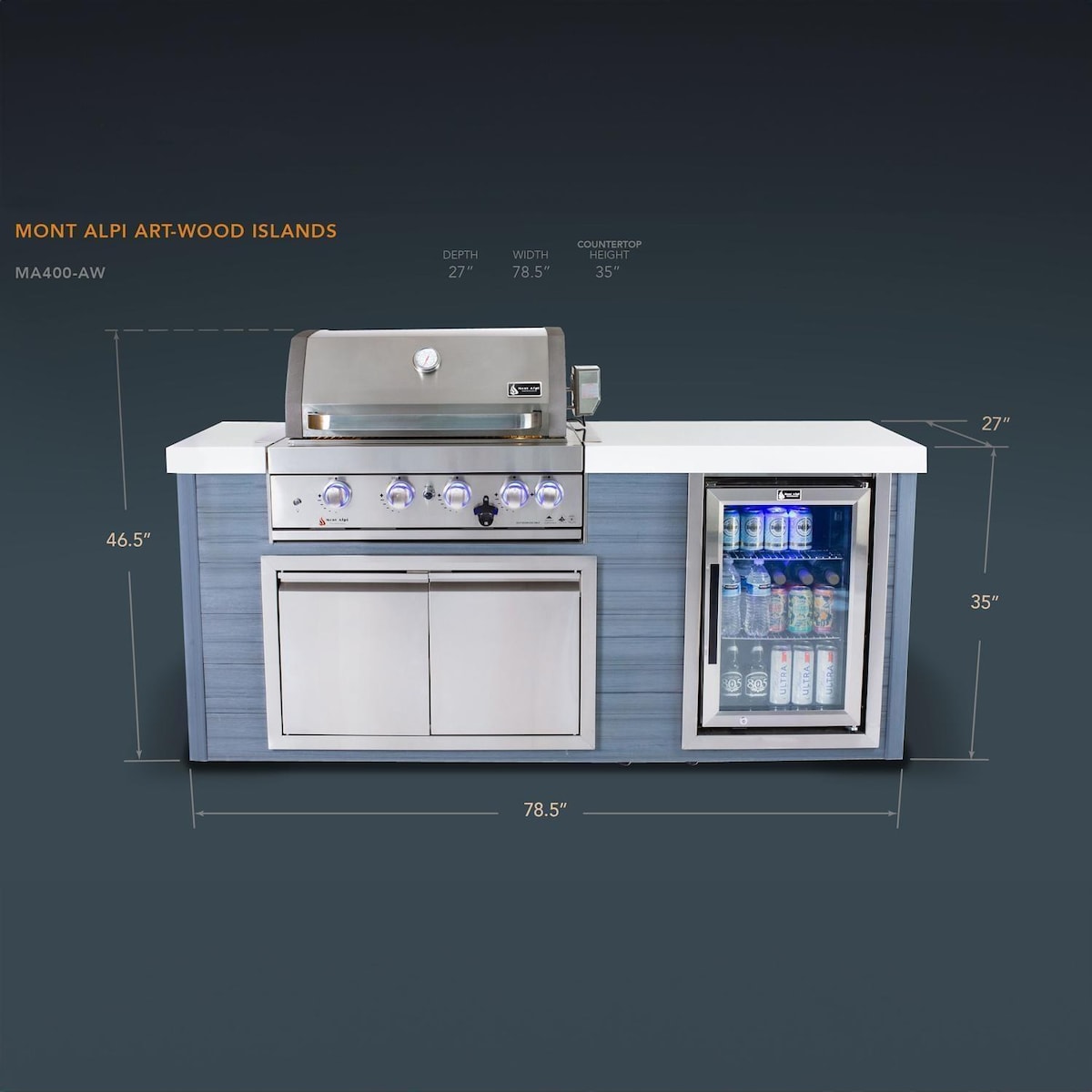 Mont Alpi Artwood Series 6.5 Ft Propane Outdoor Kitchen Island w/ 4-Burner Grill - MA400-AW