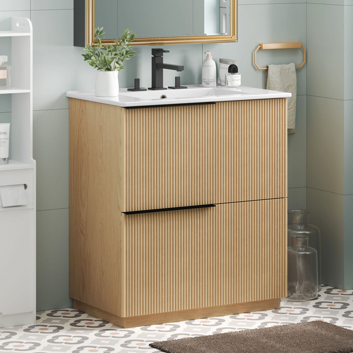 Fluted Bathroom Vanity With Ceramic Sink, Soft Close Slides