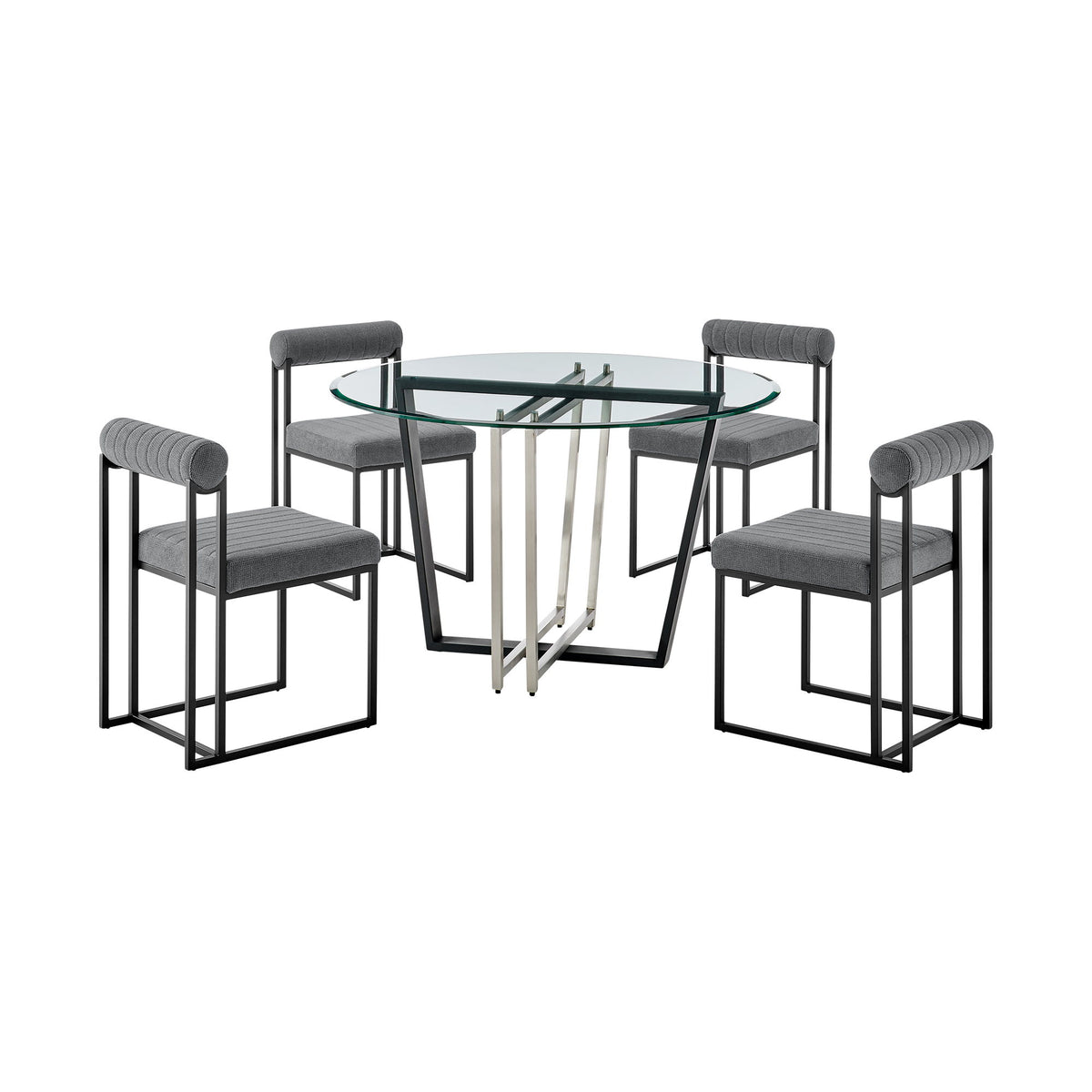 Devi Anastasia - 5 Piece Round Glass Dining Table Set - Matte Black / Anchor Gray