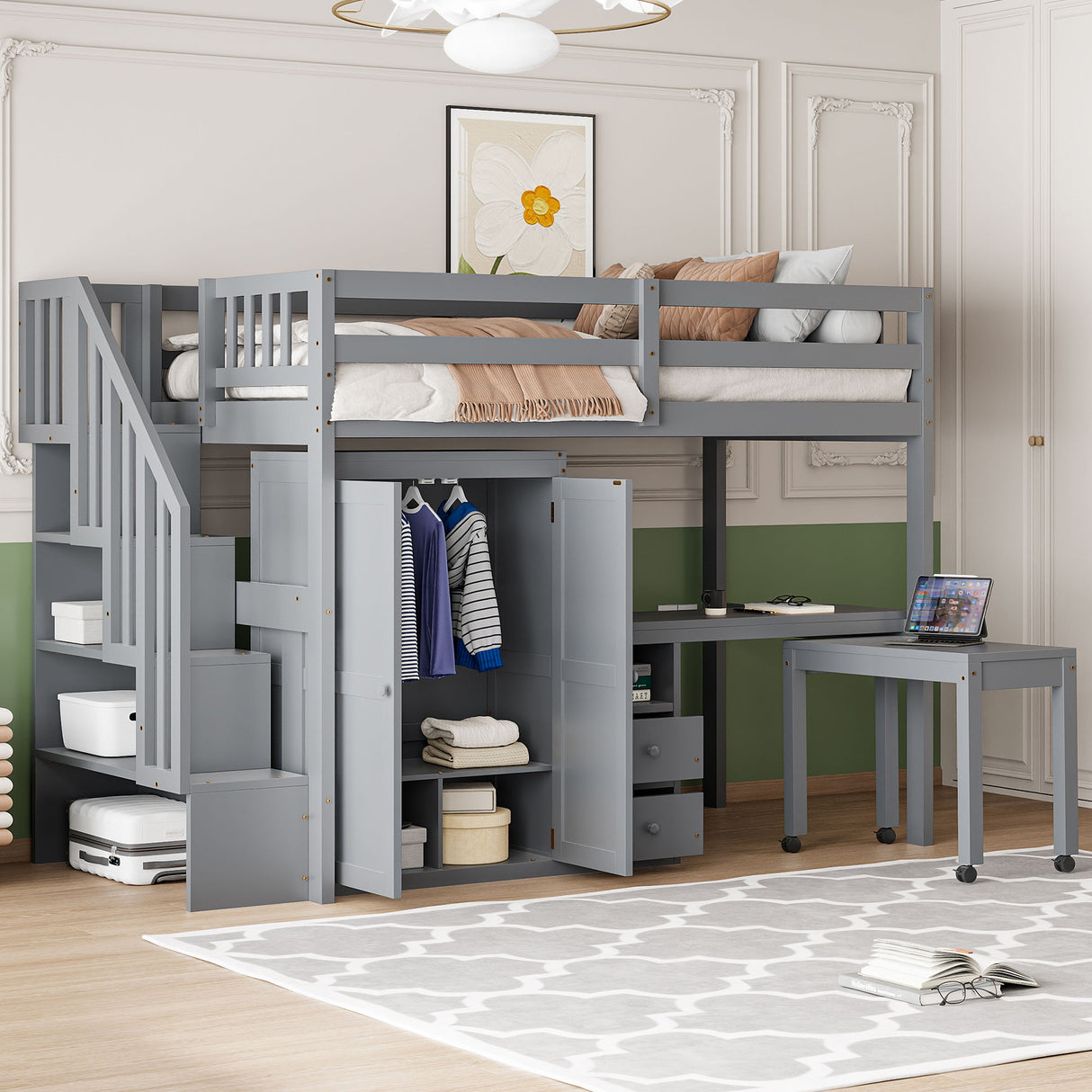Loft Bed With Stairs, Bookshelf, Drawers, Desk & Wardrobe, Space Saving Multifunctional Furniture