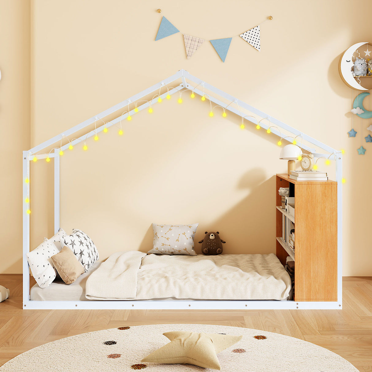 Bed House Frame With Shelves And Lights