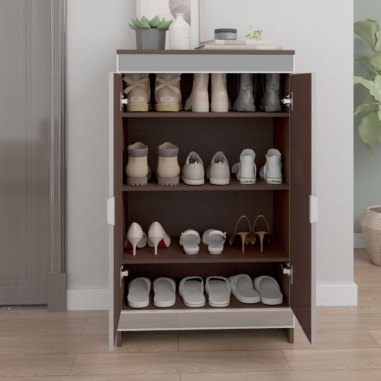 Elegant Decor Mirrored Shoe Cabinet With Edging Double Door Storage Cabinets Glass - Brown / Silver / Gray