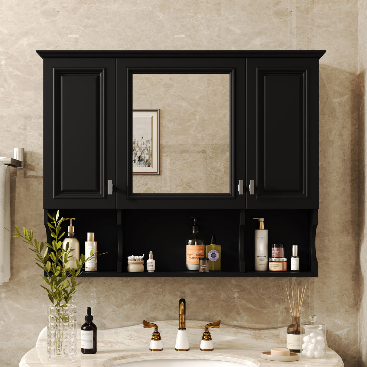 Wall Mounted Bathroom Medicine Wall Cabinet With Mirror & Open Shelves