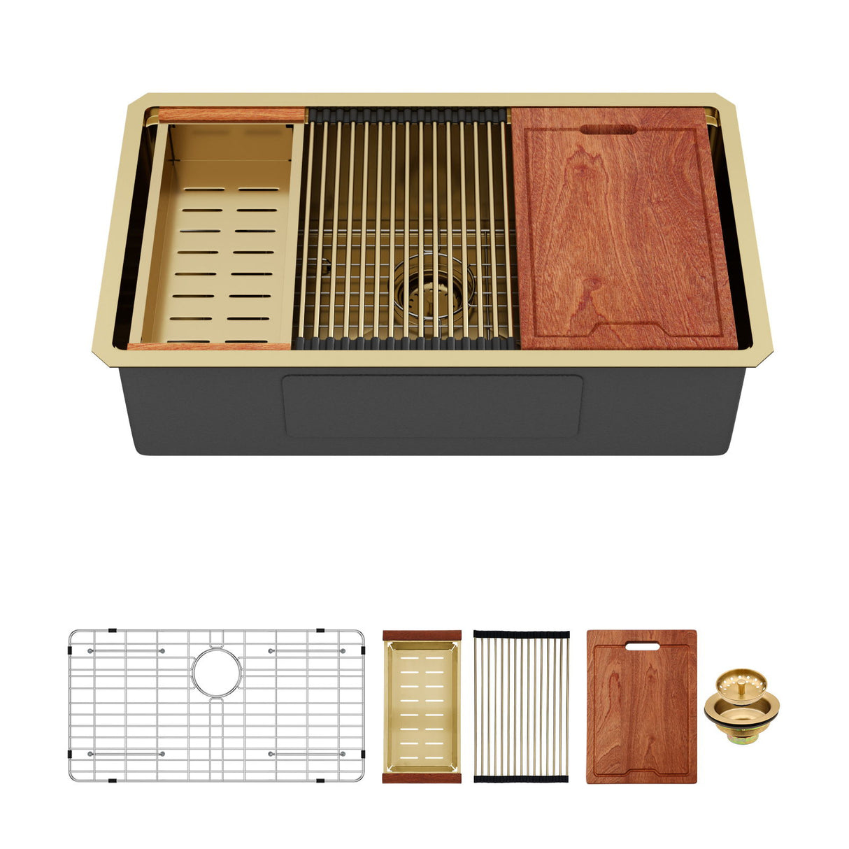 Gold Stainless Steel Undermount Kitchen Sink With Workstation 33 X 19 X 10 Inch, 16 Gauge Deep Bowl