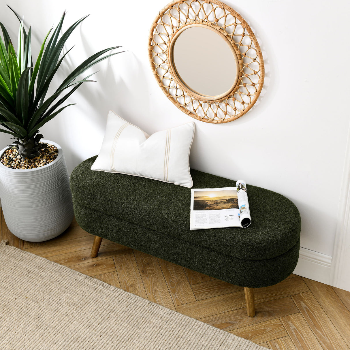 Elegant Ottoman Oval Storage Bench With Rubber Wood Legs Foam Upholstery - Green