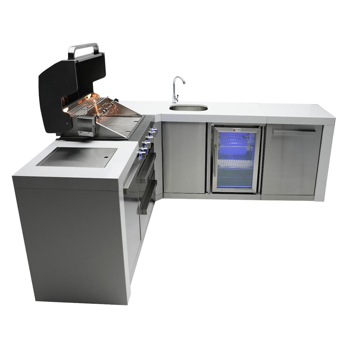 Mont Alpi Deluxe Series 10.5 Ft L-Shaped Propane Outdoor Kitchen Island w/ Side Burner & Beverage Center- MAi400-D90BEV