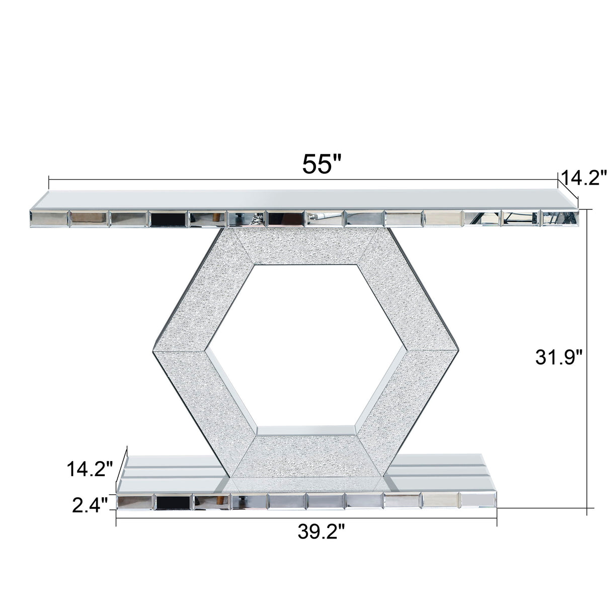 Sparkling Crystal Hexagon Mirror Entryway Premium Modern Foyer Console Table With Diamond Glass Effects, Dual Tier Luxury Sofa Table - Silver