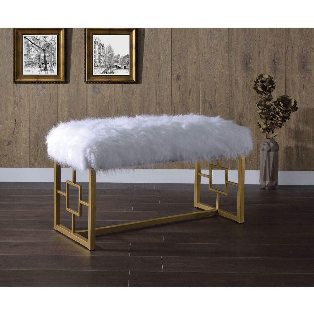 Bagley II - 21" Bench - White Faux Fur & Gold