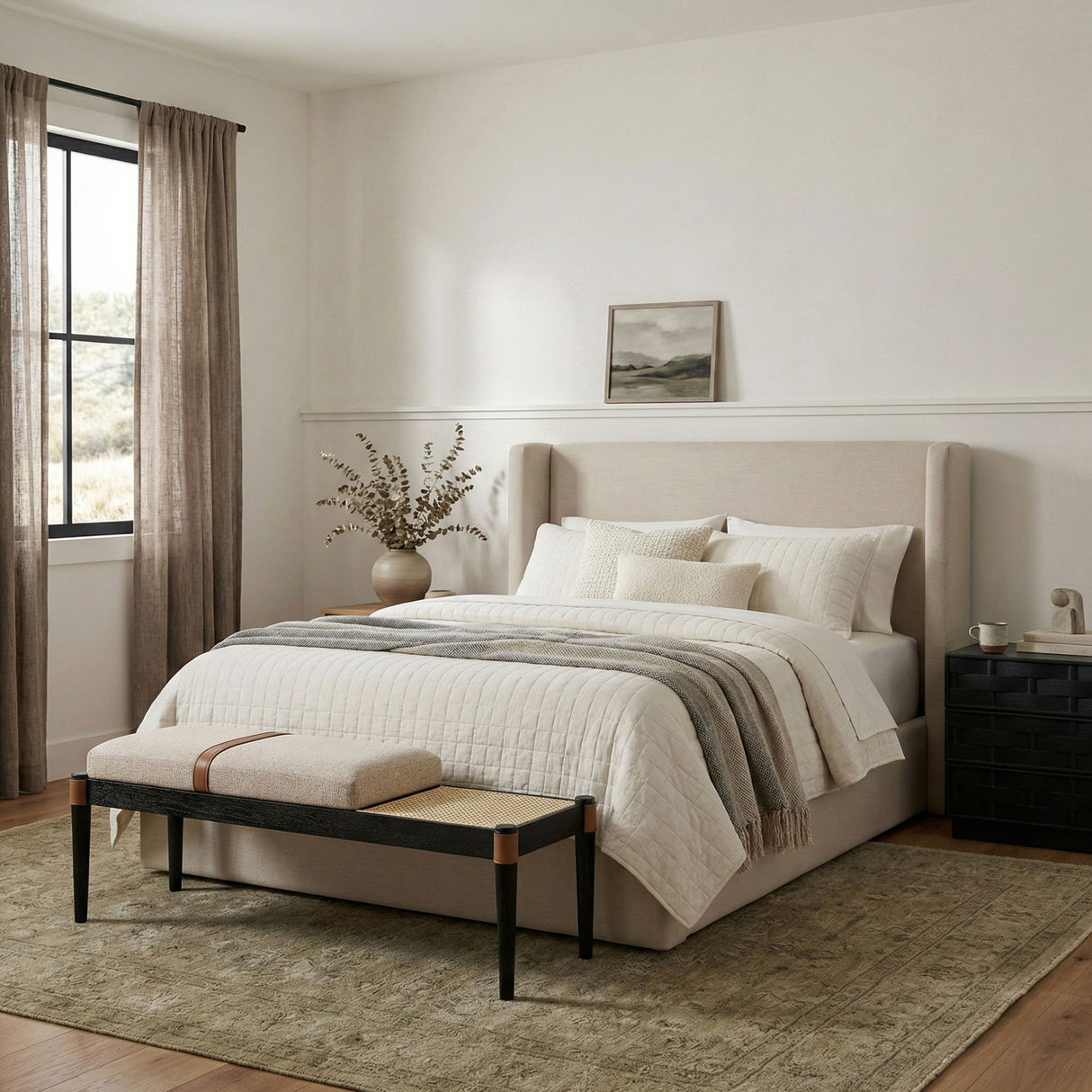Nara - Linen Textured Fabric Upholstered Bench - Painted Black