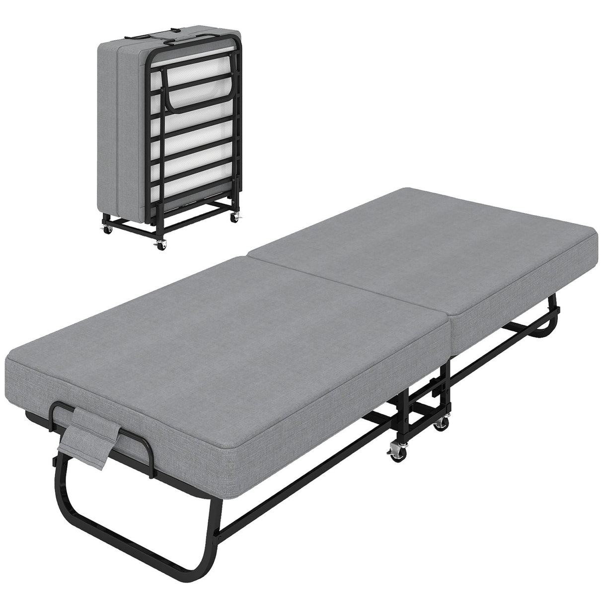Twin Folding Bed With Memory Foam Mattress, 4 Lockable Wheels - Gray