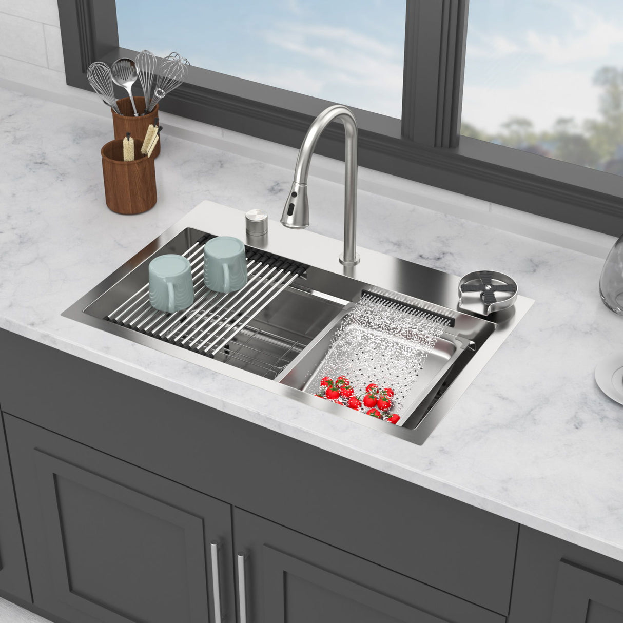 Drop In Waterfall Kitchen Sink With Pull Out Faucet & Cup Washer