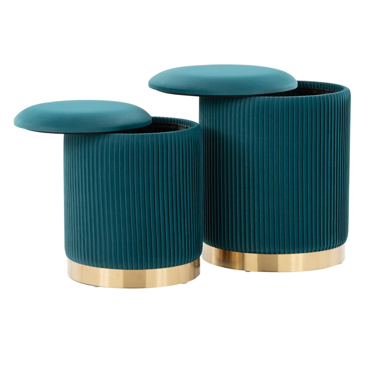 Marla - Nesting Pleated Ottoman (Set of 2) - Gold Metal, Peacock Teal Velvet