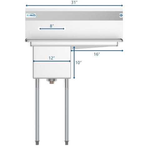 31 in. One Compartment Stainless Steel Commercial Sink with Drainboard, Bowl Size 12" x 16" x 10" SA121610-16R3.