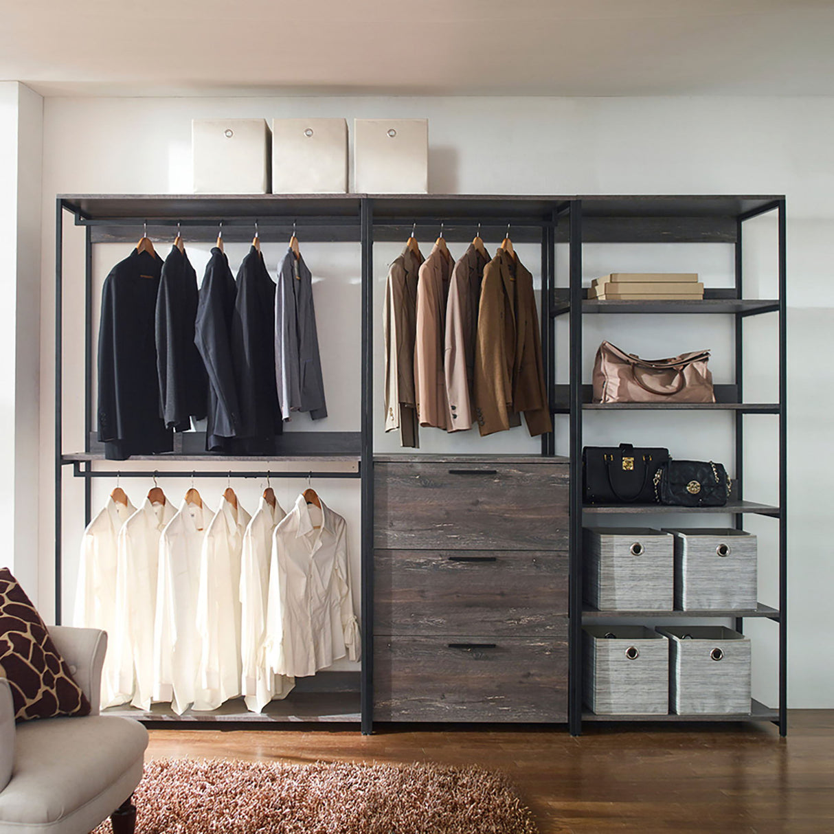Monica - Wood Walk In Closet System With Spacious Storage In Wood And Metal Frame - Gray