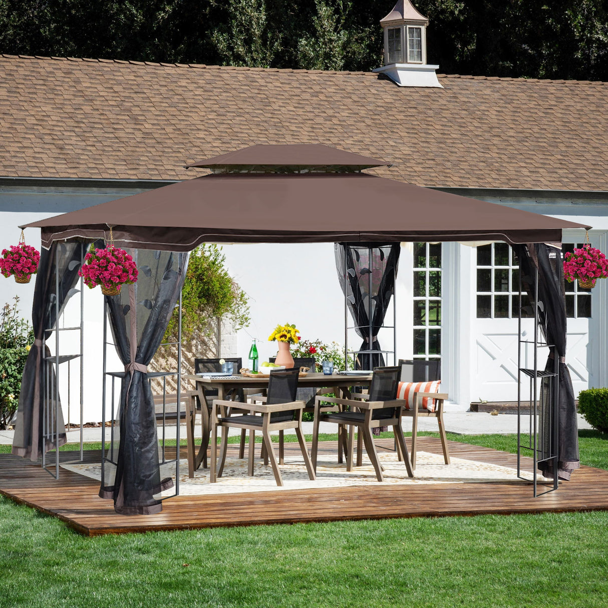 Patio Gazebo Tent With Ventilated Double Roof And Mosquito Net For Backyard Or Garden