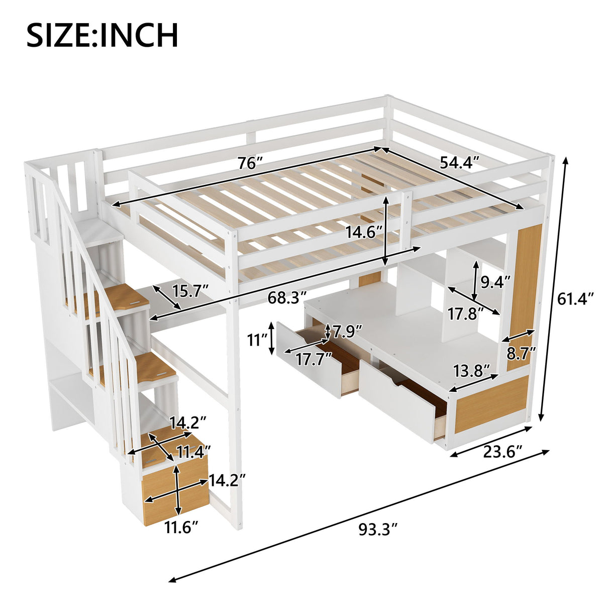 Full Size Loft Bed With Desk And Shelves, 2 Built In Drawers, Storage Staircase - Natural / White