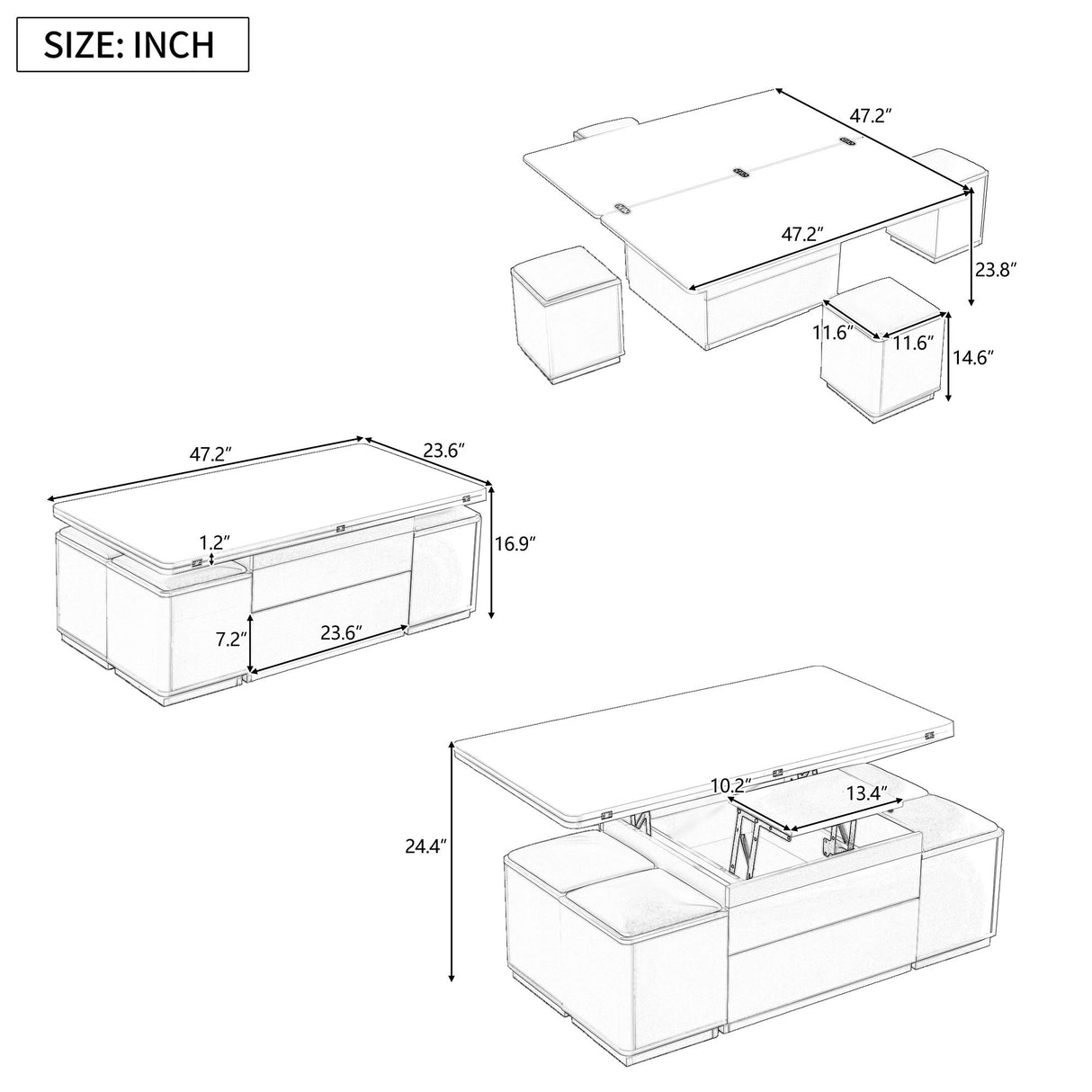 Lift Top Coffee Table With 4 Storage Stools