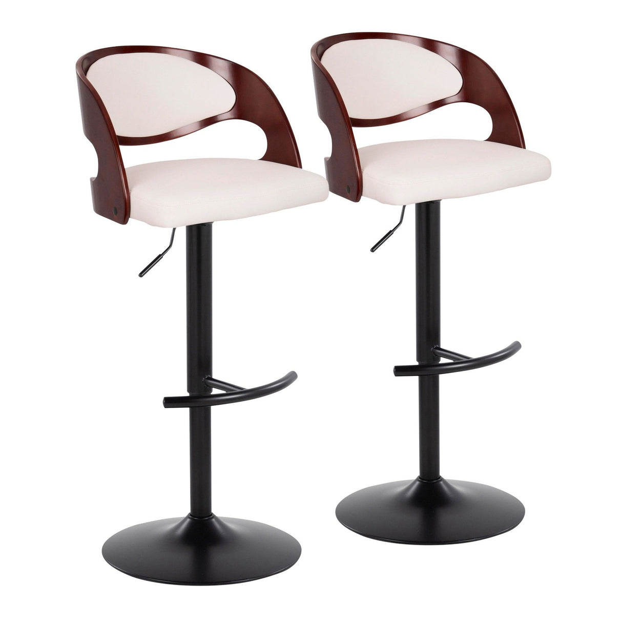 Pino - Mid-Century Modern Adjustable Swivel Barstool (Set of 2) - Black Metal, Cherry Wood And White Faux Leather With Rounded T Footrest