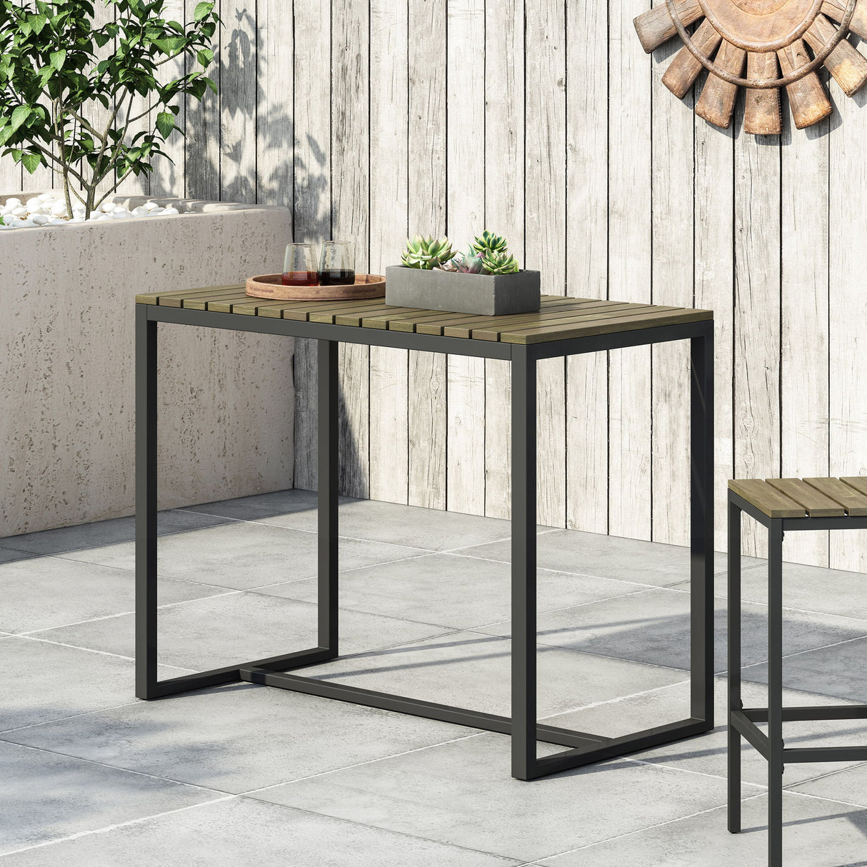 Ernesto - Outdoor Industrial Acacia Wood Bar Table With Metal Frame - Gray