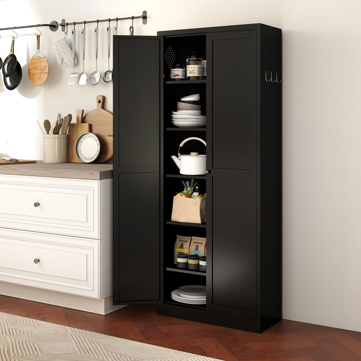 Kitchen Pantry Cabinet With 4 Adjustable Shelves, Heavy Duty Freestanding Organizer