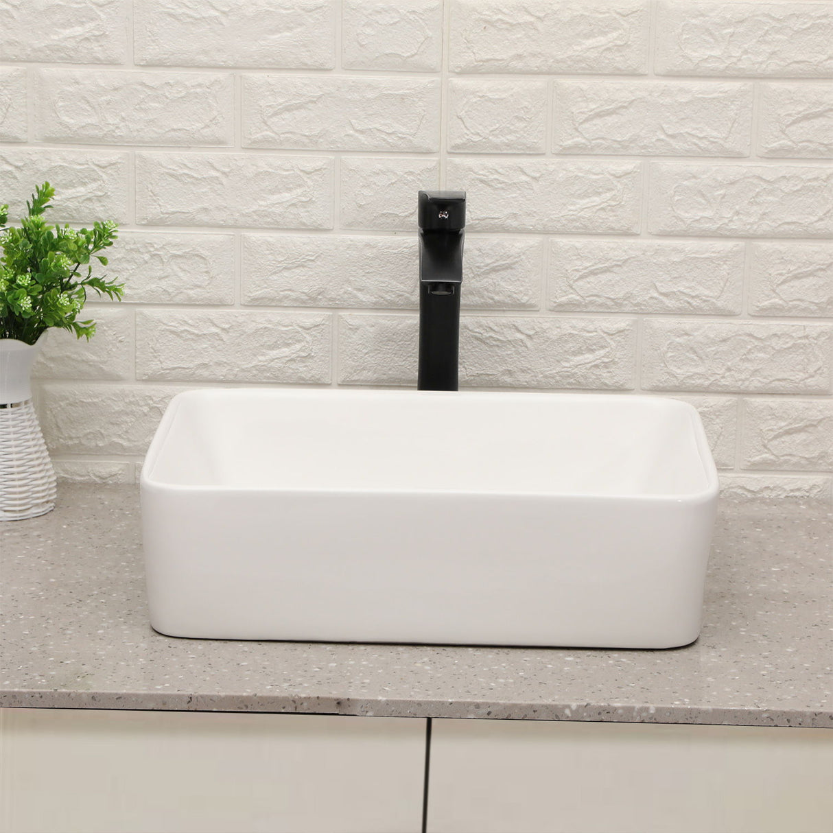 19" 5" Bathroom Sink Combo Rectangular Vessel Vanity Set With Faucet Drop In Ready Ceramic Basin - White / Black