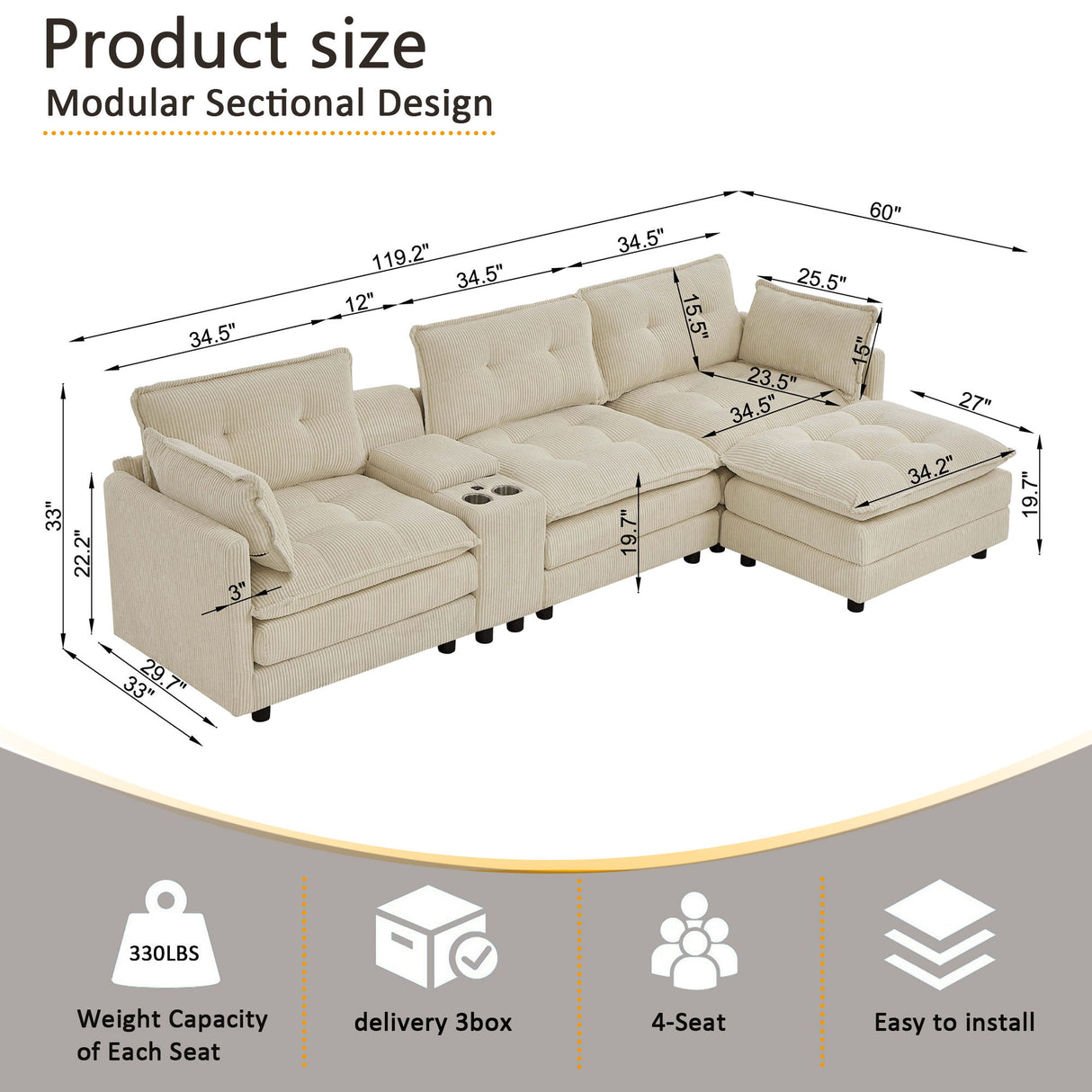 Oversized Modular Sectional Sofa With Multi Functional Console