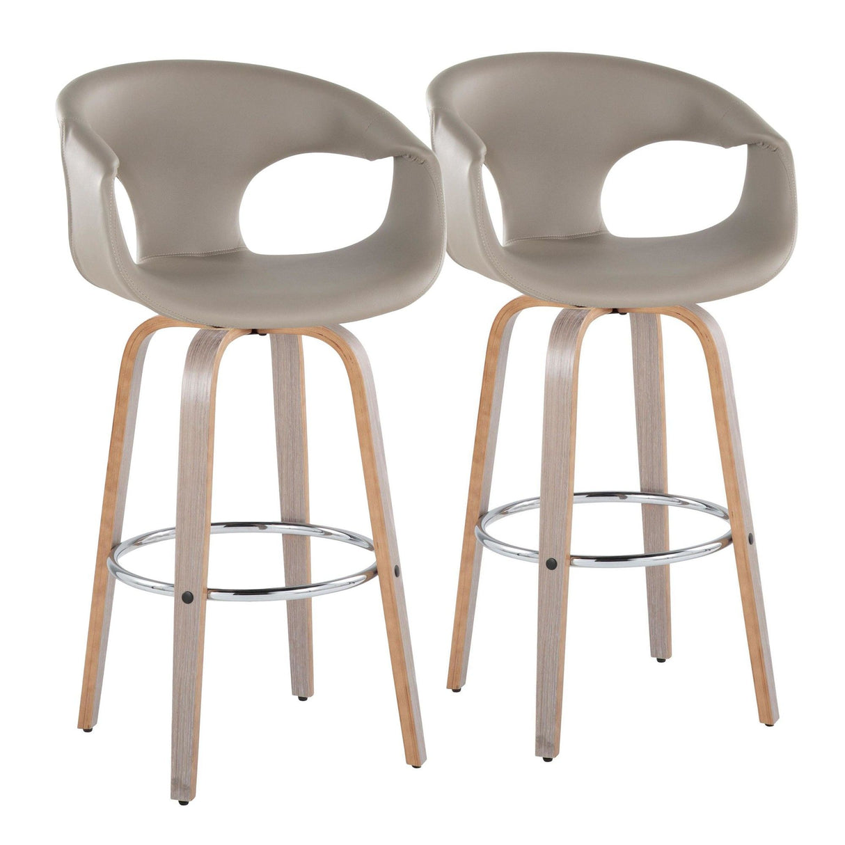 Curvo - 30" Fixed-Height Barstool With Swivel And Round Chrome Metal Footrest (Set of 2) - Light Gray Wood And Light Gray Faux Leather