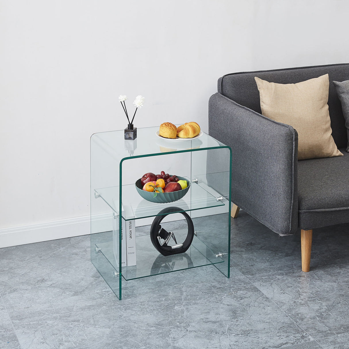 Tempered Clear Bent Glass Side Table Sofa Table, Multi Purpose Use, Premium Tempered Glass - Transparent